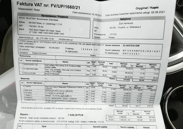 Ford Galaxy cena 78900 przebieg: 188251, rok produkcji 2019 z Gniew małe 562